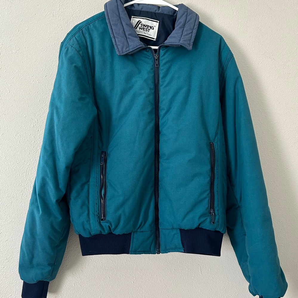 Vintage SWING WEST Bomber Jacket Teal Cropped Zip Up Women’s Small 90s Retro